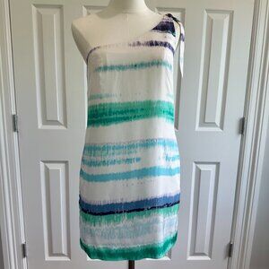 Banana Republic SILK White Blue One Shoulder Mini Nautical Dress Tie Dye Size 4
